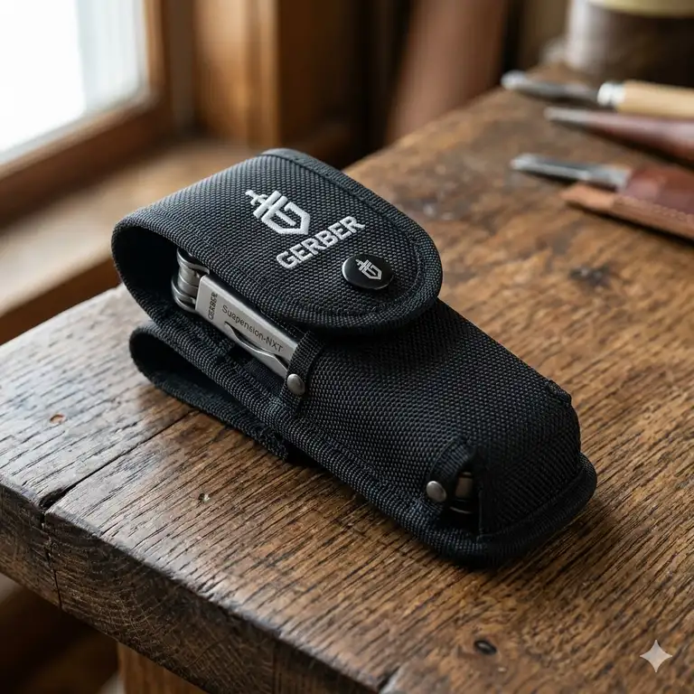 A high-quality Gerber Suspension-NXT sheath displayed with the multi-tool on a wooden surface.