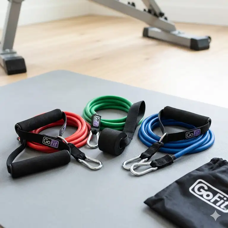A collection of various models and colors of GoFit resistance bands, including tube and flat bands with handles, as mentioned in comprehensive go fit resistance band reviews.