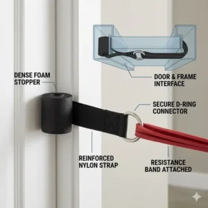 A technical diagram showing how to secure exercise band attachments like the door anchor into a standard door frame.