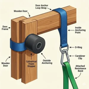 Technical illustration showing how to use a door anchor among other resistance band accessories for home workouts.