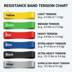 A technical tension chart showing the light resistance level of a yellow resistance band compared to other colors.