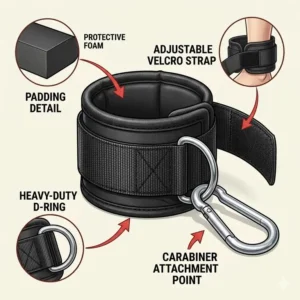 Detailed diagram of padded ankle straps, essential resistance band accessories for lower body training.