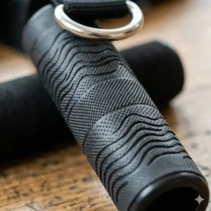 An illustration showing the ergonomic non-slip rubber texture of exercise strap handles for a secure grip during sweaty workouts.