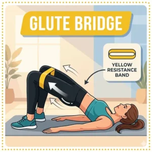 An instructional diagram of a glute bridge exercise performed with a yellow resistance band around the knees.
