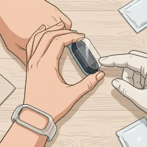 A diagram showing the application of screen protectors designed to protect fitness band accessories.