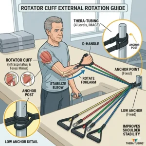 Step-by-step guide for a seated row exercise with physical therapy tubing to strengthen the upper back and posture.
