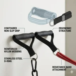 Close-up of ergonomic handle exercise band attachments featuring non-slip grips and reinforced nylon webbing.