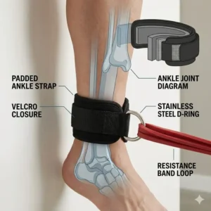 Demonstration of padded ankle strap exercise band attachments used for lower body resistance training.