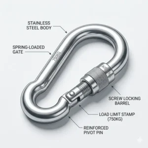 Close-up view of heavy-duty carabiner clips used as secure resistance band accessories for multi-band setups.