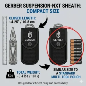 A side-by-side comparison showing the compact dimensions of the Gerber Suspension-NXT sheath.
