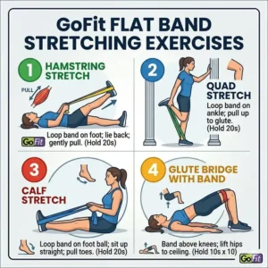 A comparison image highlighting the different exercises possible with GoFit flat resistance bands and their unique benefits in go fit resistance band reviews.