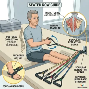 Detailed diagram showing how to safely secure physical therapy tubing to a door anchor for home workouts.