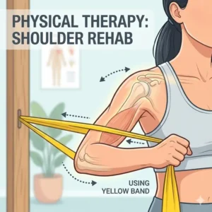 A physical therapy guide for shoulder rehabilitation using a light tension yellow resistance band.