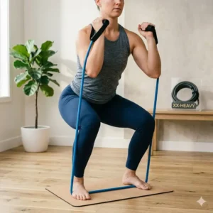 A person standing and performing bicep curls with the yoga resistance tube anchored under their feet.