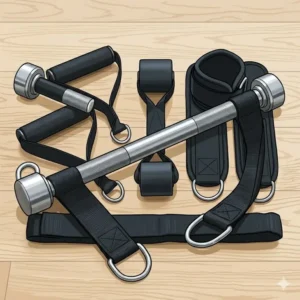 A solid steel workout bar specifically designed as attachments for resistance bands for heavy lifting.