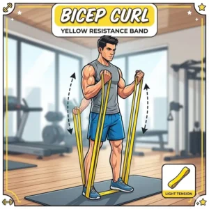 A fitness illustration of a man doing bicep curls with a yellow resistance band to build arm strength.