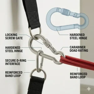 Detailed view of heavy-duty stainless steel carabiner clips used as secure exercise band attachments.