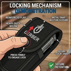 Illustration demonstrating the secure snap button closure of the Gerber Suspension-NXT multi-tool pouch.