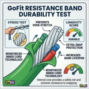 A close-up diagram illustrating the reinforced inner cord technology that provides enhanced durability, a key feature in go fit resistance band reviews.