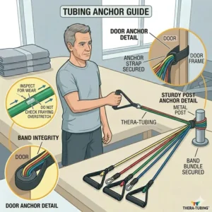 Demonstration of a standing bicep curl exercise using high-quality physical therapy tubing for arm rehabilitation.