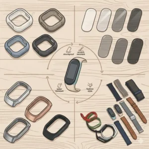 An illustration of rugged protective bumper cases suitable for various types of fitness band accessories.