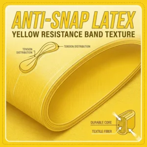 A close-up detailed view of the anti-snap latex material and texture of a yellow resistance band.