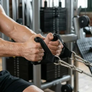 Exercise strap handles attached to a gym cable machine being used for a seated row exercise.