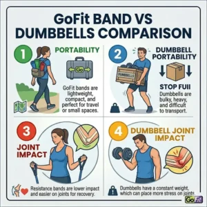 An infographic comparing the portability, impact on joints, and space-saving advantages of GoFit bands versus traditional dumbbells in go fit resistance band reviews.