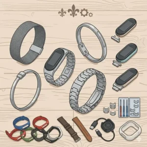 An artistic rendering of stylish stainless steel bands transforming standard fitness band accessories into fashion pieces.