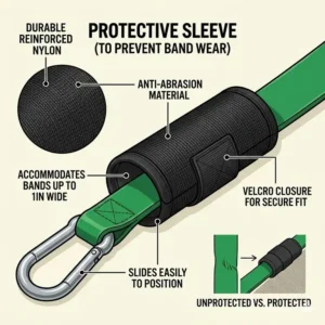 Protective nylon sleeve illustration to show how to maintain your resistance band accessories and prevent wear.