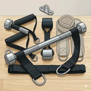 Durable metal wall mounts acting as permanent fixed attachments for resistance bands in a home gym.