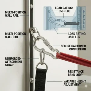 A multi-point wall rail system designed for variable height exercise band attachments in a home gym.