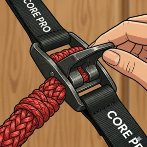 Showing the quick-adjust metal buckles to change the height of workout straps with handles.
