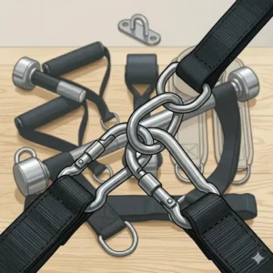 Stainless steel carabiner clips used to connect and secure different attachments for resistance bands.