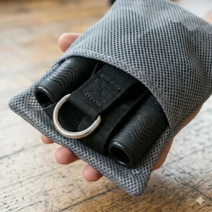 A pair of lightweight exercise strap handles placed next to a compact mesh carrying bag for travel workouts.