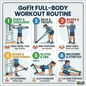 A step-by-step visual guide showing a complete full-body workout routine utilizing the various tools covered in our go fit resistance band reviews.