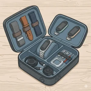 An illustration of a dedicated travel case designed to organize numerous fitness band accessories.