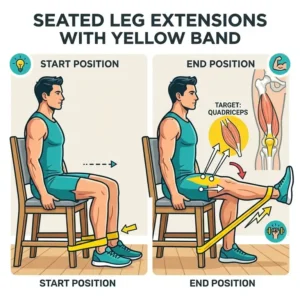 An exercise anatomy diagram showing seated leg extensions powered by a yellow resistance band.