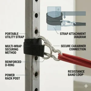 Portable wrap-around exercise band attachments secured to a power rack post for functional training.