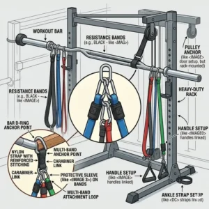 A portable workout bar shown with various resistance band accessories to create a full-body gym system.
