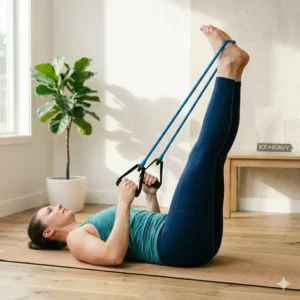 A person seated, pushing the yoga resistance tube handles upward from shoulder height in an overhead press motion.