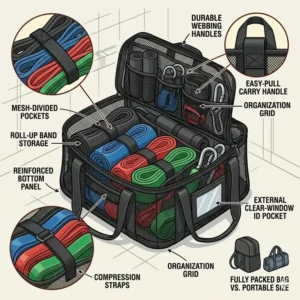 Organized storage mesh bag containing a full set of resistance band accessories for easy portability.
