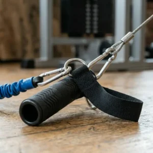 An infographic showing how exercise strap handles connect to various resistance bands, tubes, and pulley systems.