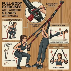 A comprehensive infographic showing various exercises performed with workout straps with handles.