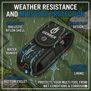 Illustration of the Gerber Suspension-NXT sheath being used in wet conditions to highlight water-resistant properties.