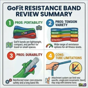 A quick-scan summary infographic listing the top pros and cons derived from dozens of verified go fit resistance band reviews.