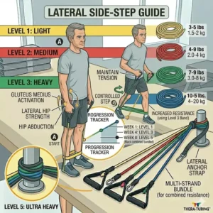 Full-body functional movement combining a squat and overhead press with physical therapy tubing.