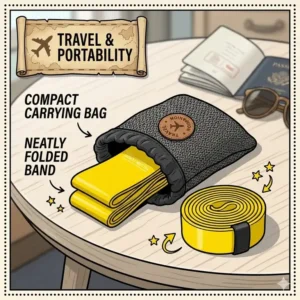 A travel-friendly setup showing a neatly folded yellow resistance band next to its compact carrying bag.