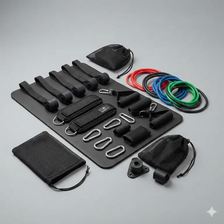 A professional set of exercise band accessories featuring anchors, straps, and handles on a gym mat.
