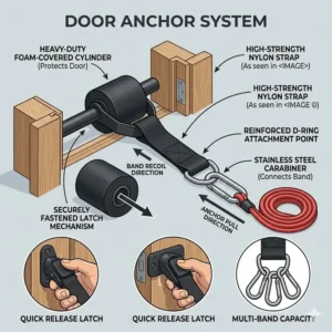 A heavy-duty door anchor designed as one of the essential exercise band accessories for home workouts.